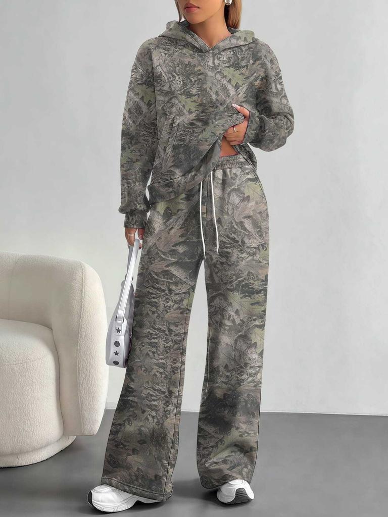 Camouflage European and American Autumn and Winter Casual Long-sleeved Suit Women's Hooded Sweater Trousers Two-piece Set