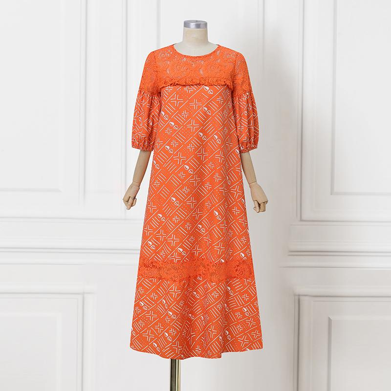 Oversized Women Lace Patchwork Puff Sleeve Print Casual Loose Pleated Long Dress