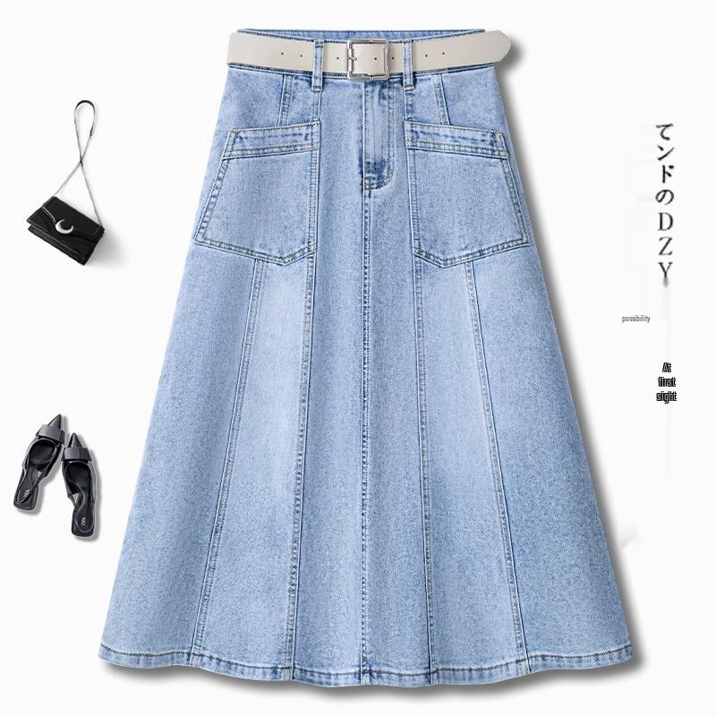 Summer 2025 Light Blue A-Line Denim Midi Skirt for Women - Slimming, Loose Fit, Hip-Covering, Midi Length, Wide Hem