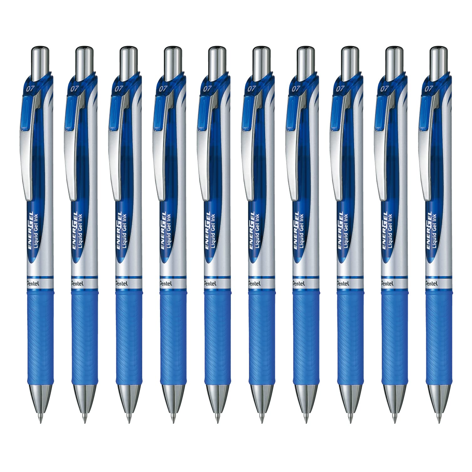 Pentel EnerGel Ballpoint Gel Silver 10 Pens Pen, Ink, Retractable, 0.7mm, Barrel, Blue, синий