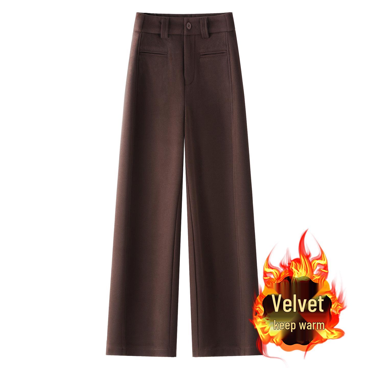 Women s Gray Wool Tweed High Waist Wide Leg Pants with Plus Velvet (2025 Winter Collection) S