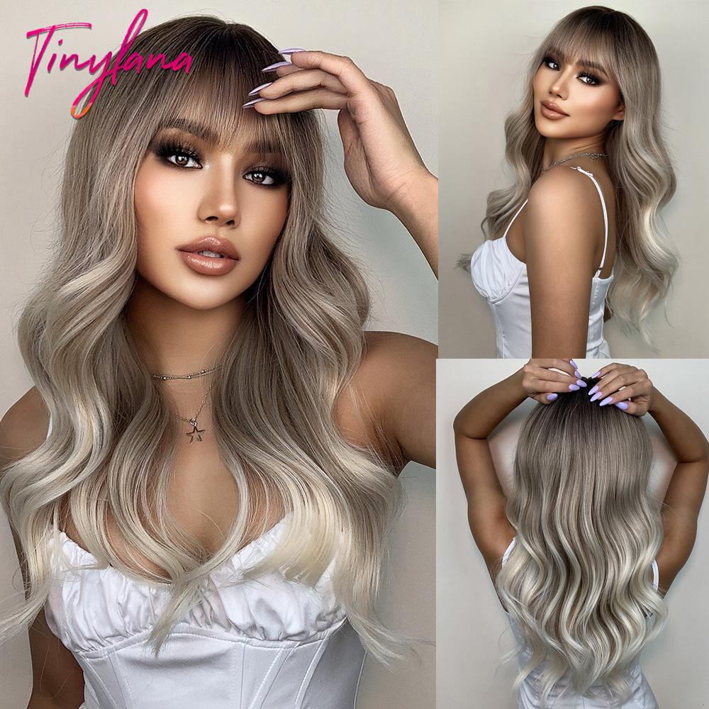 Light Pink Long Wavy Cosplay Synthetic Hair Wigs with Bangs for White Women Afro Lolita Water Wave Halloween Heat Reisitant Wig
