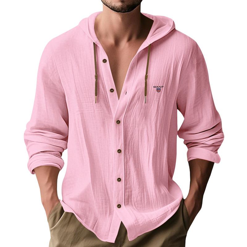 Gant Embroidery Men's Solid Color Casual Long Sleeved Shirt Hooded Drawstring Cotton and Linen Cardigan Trendy Versatile Loose Beach T-shirt