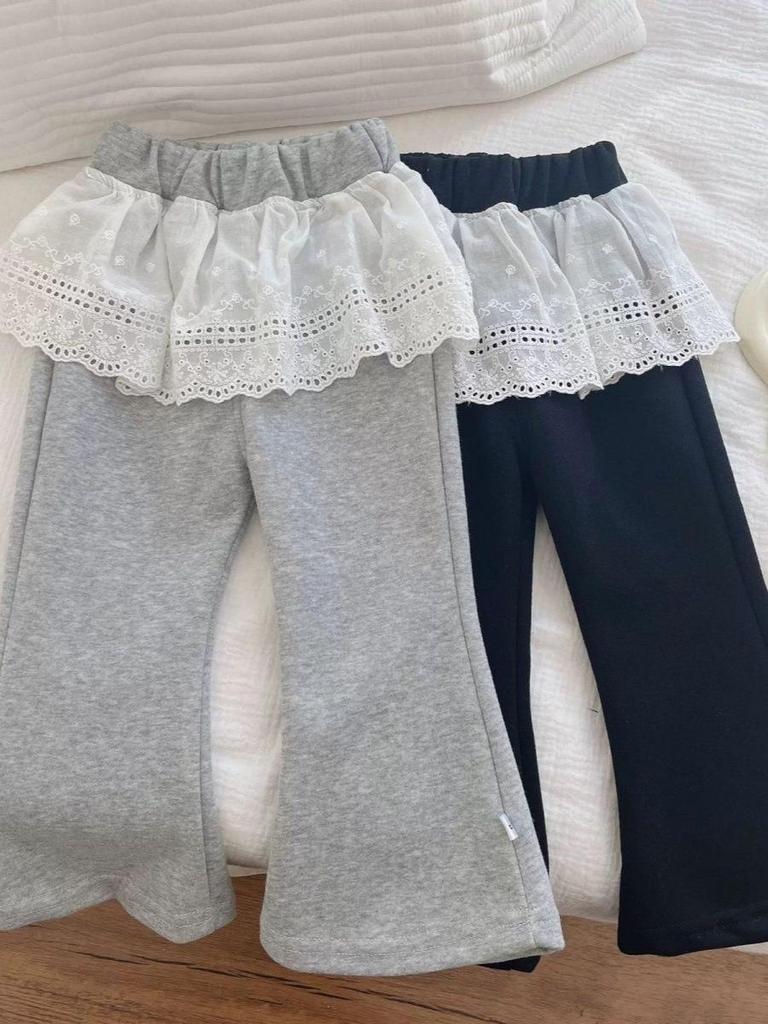 Girls' Stylish Bell Bottom Pants with Lace Trim - Spring/Autumn 2026 Korean Style Versatile Casual Sweatpants