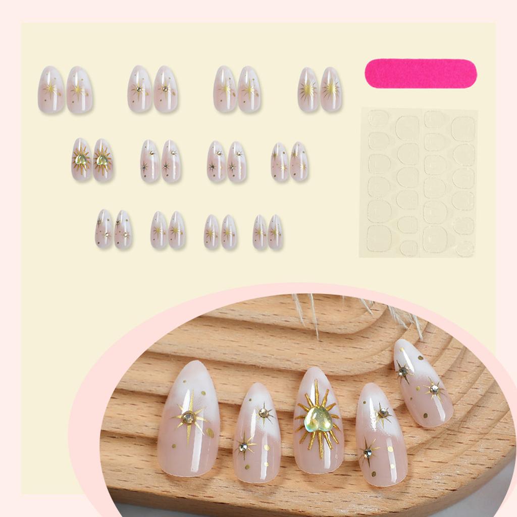 24 Pieces Almond Press On Nail French Style Artificial Nail with Glossy Star Moon Sun Design for Women and Girls