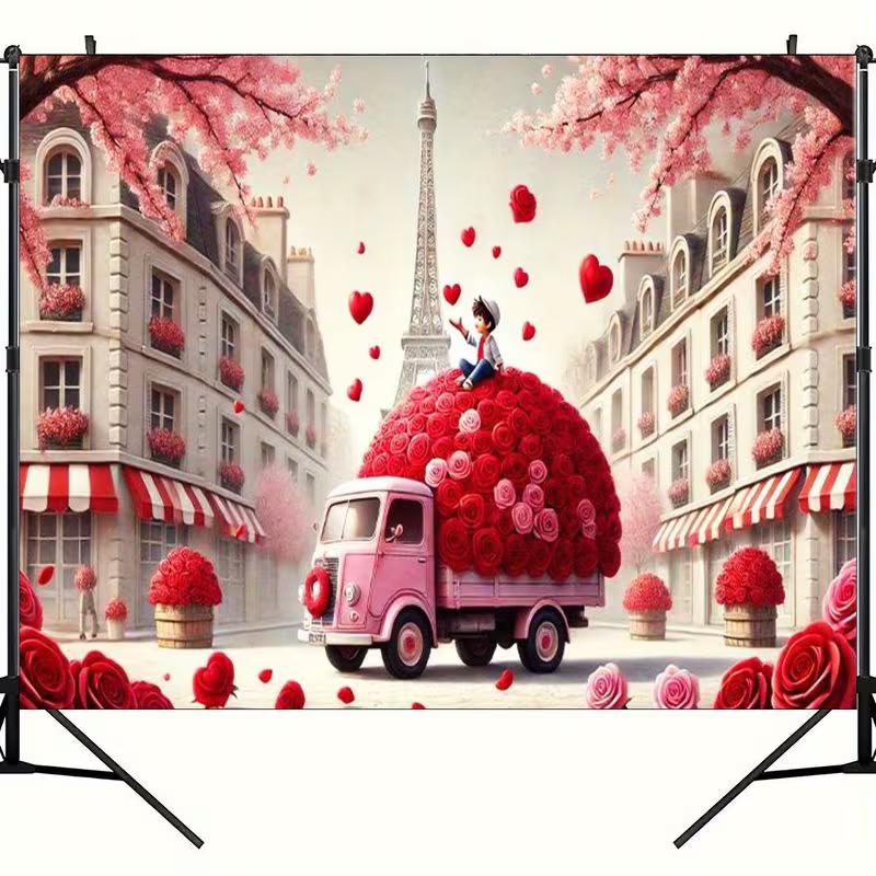 2D Romantischer Paris-Hintergrund, Straße mit Kirschblüten & Rosen-LKW-Hintergrund für Hochzeit