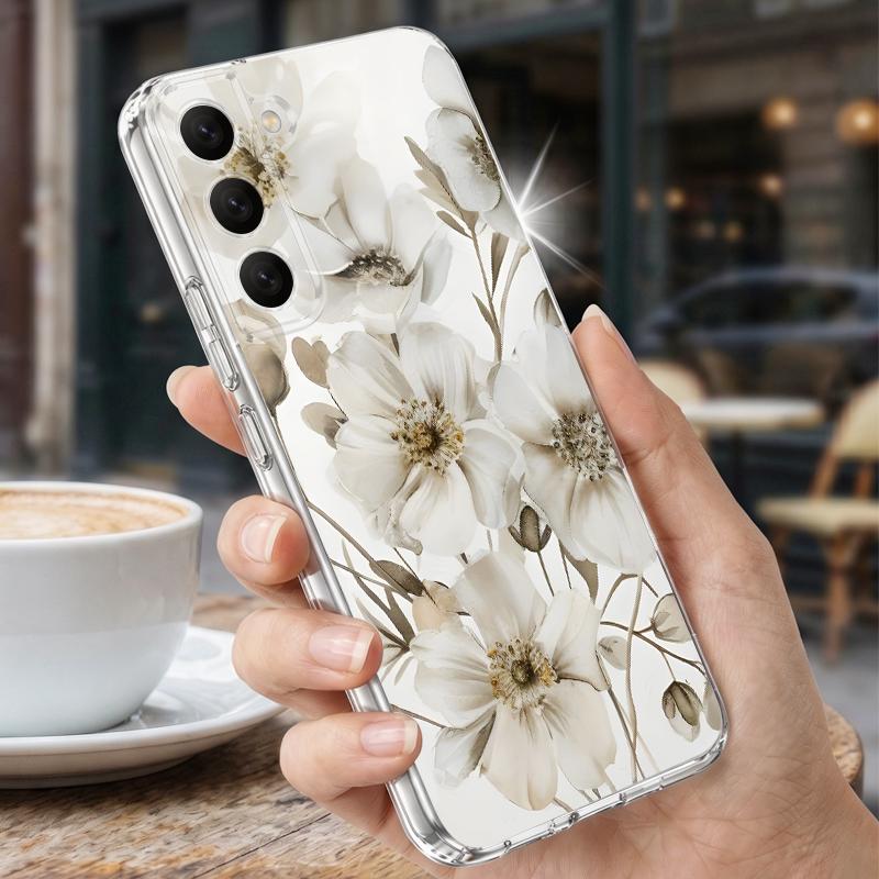 White Flowers Print Case For Samsung A57 S26 Ultra A37 A17 A56 A36 A26 A16 A55 A35 A25 A15 A54 5G S21 FE S22 S23 S24 S25 Plus Clear TPU Soft Cover