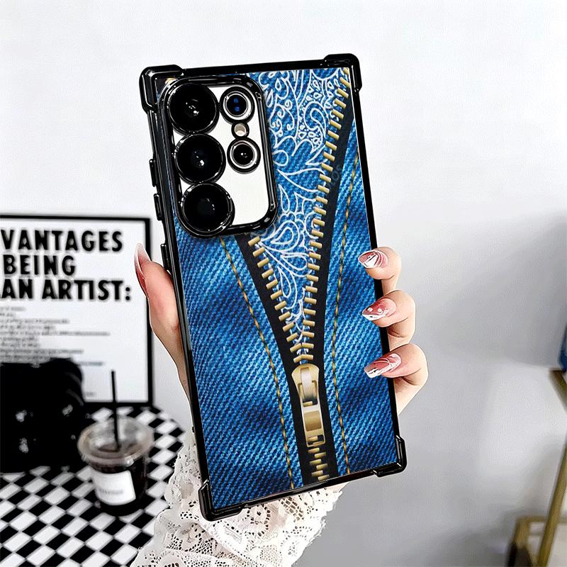 Retro Zipper Jeans Pattern Soft Phone Case For Samsung Galaxy S26 Ultra S25 Edge S24 FE S23 Plus S22 S21 + S20 Plating Anti-Fall