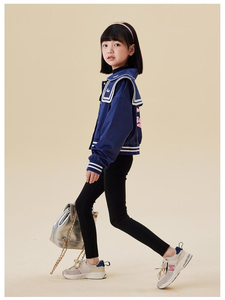 Tao Town Girls' Navy Collar Coat - 2025 Casual Preppy Spring/Autumn Short Jacket for Kids