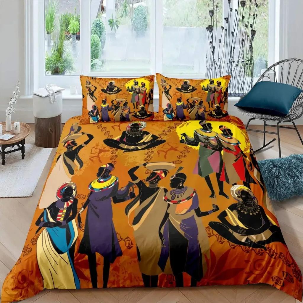 African Woman Duvet Cover Set Ethnic Afro Bedding Set African American Comforter Cover Orange Ancient Desert Bedspread