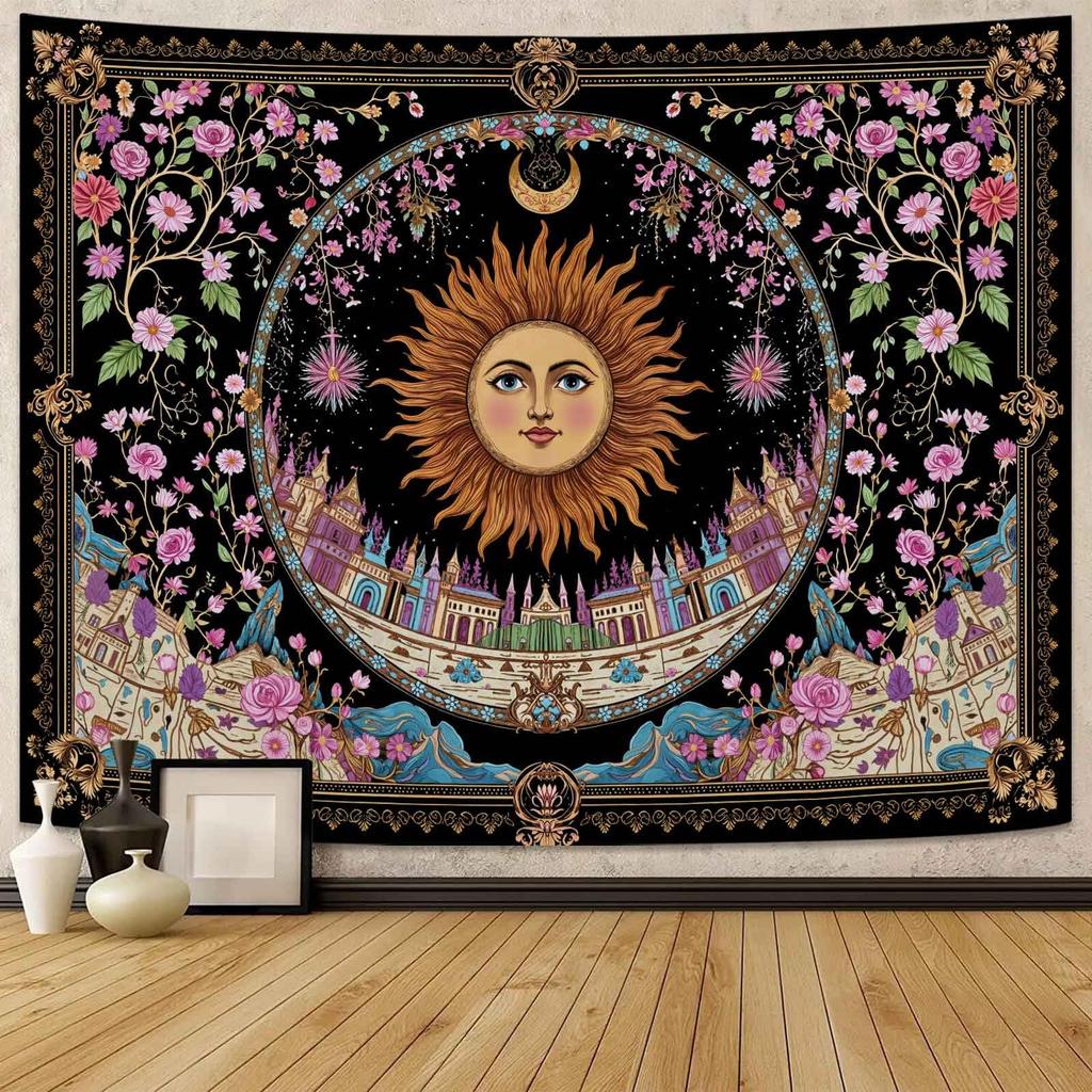 Mystical Moon Phase Butterfly Tapestry, Floral & Celestial Print with Wildflowers, Wall Decor for Nature & Witchy Rooms