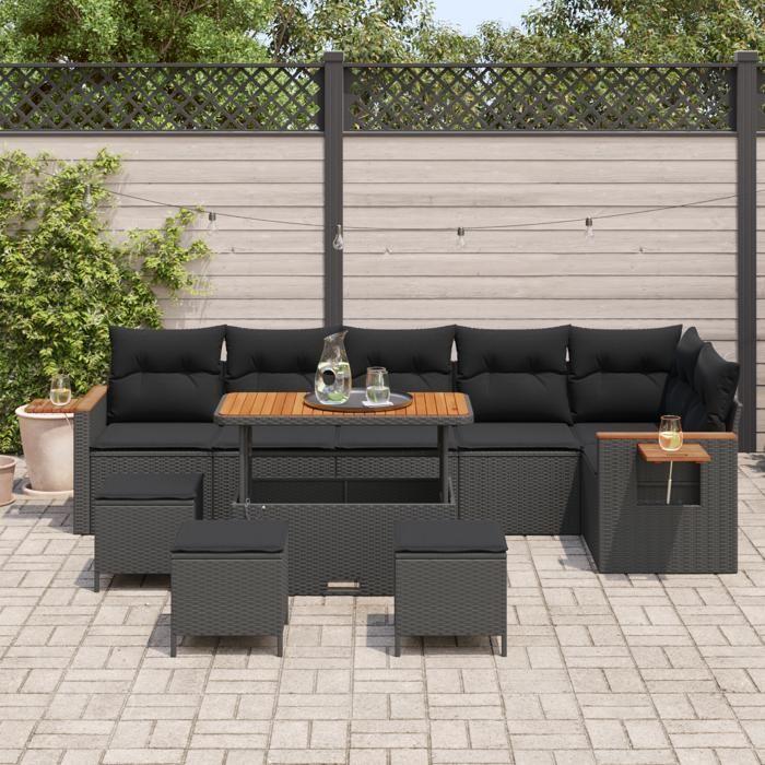 Ensemble de Canapé de Jardin 10 Pièces avec Coussins Noir Rattan Poly Acacia, Ensemble de salle à manger jardin Pièces 3363199