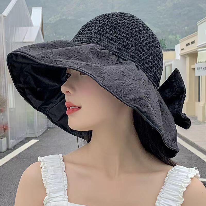 Foldable Vinyl Bucket Hat Face Covering Sun Protection Sun Hat UV Protection Sun Hat Women's Bow Big Eaves Hat