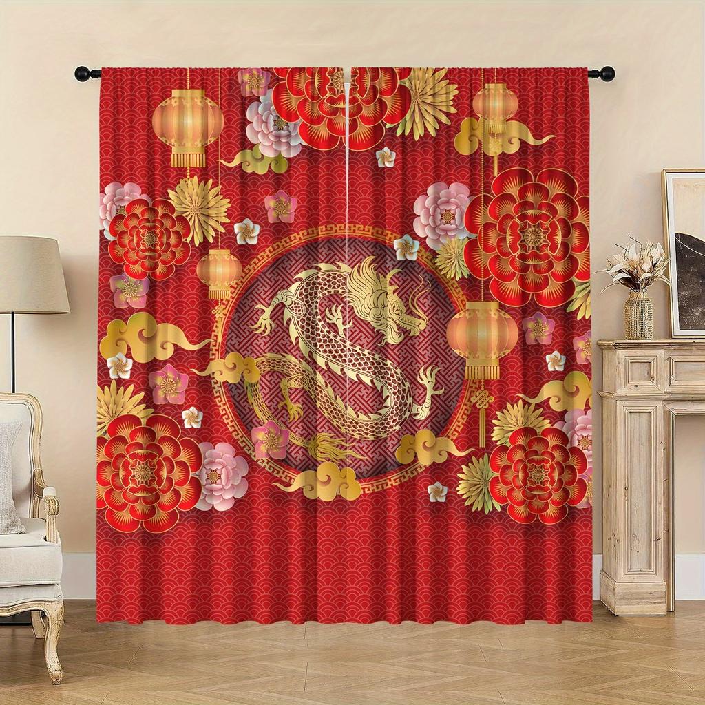 2pcs Year Dragon Festival Curtain Set - Vibrant Spring Design Modern Printed Perfect for Living Room Bedroom Kitchen Home Decor