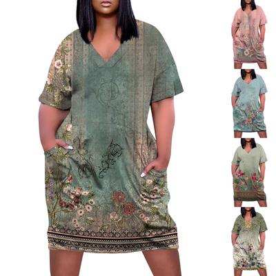 Dames Zomer Grote Maat V-hals Korte Mouw Kniezak Retro Bloemenprint Casual Jurk