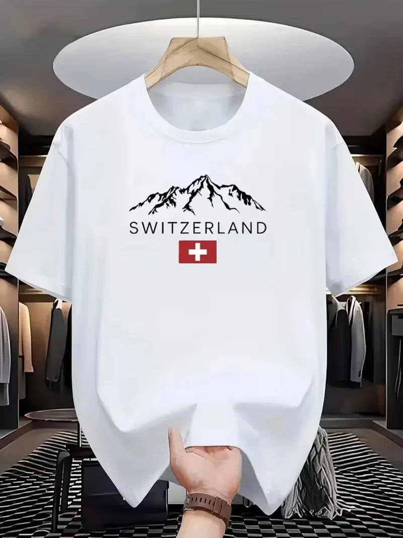 Men s Switzerland Alps Graphic T-Shirt - Black with White & Red Mountain Print XS