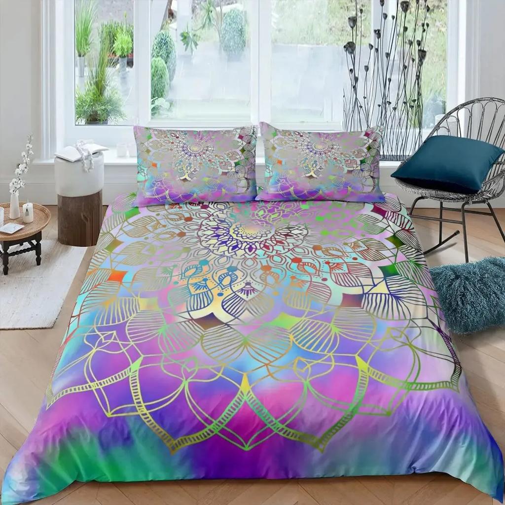 Neon Mandala Duvet Cover Set Full Queen Boho Hippie Bedding Set Ancient Mayan Calendar 3D Print Abstract Comforter Cover