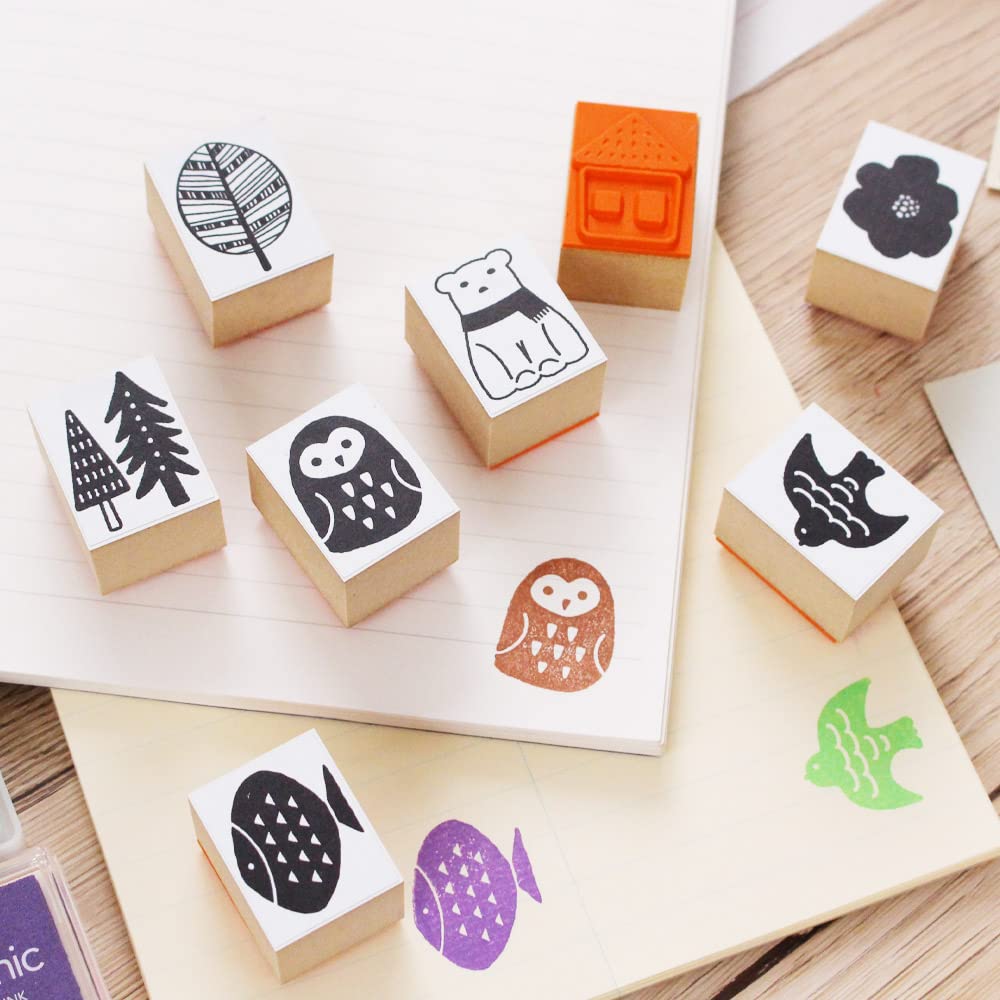 Cute Wooden Rubber Stamp Set with Nordic and House Perfect for Bridal and Made In Japan Designs, Owl, Leaf, Fish, Bird, Designs. Cards, Postcards,