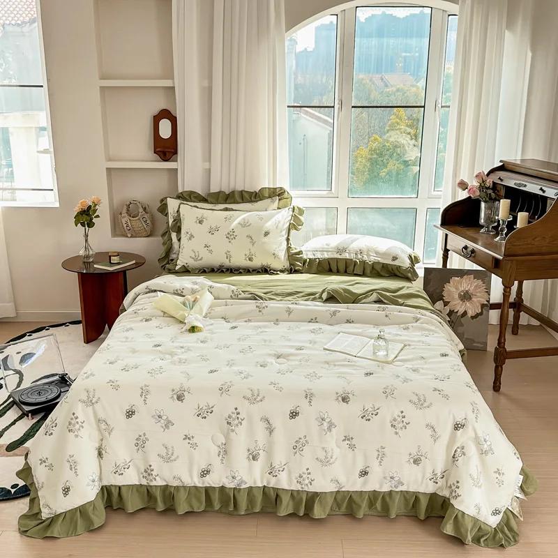 Niedliches Cartoon-Kaninchen Bettwäsche-Set Queen Rosa Tulpenblumen Sommer Dünne Steppdecke Weiche Botanische Blumensteppdecke mit 2 Kissenbezügen