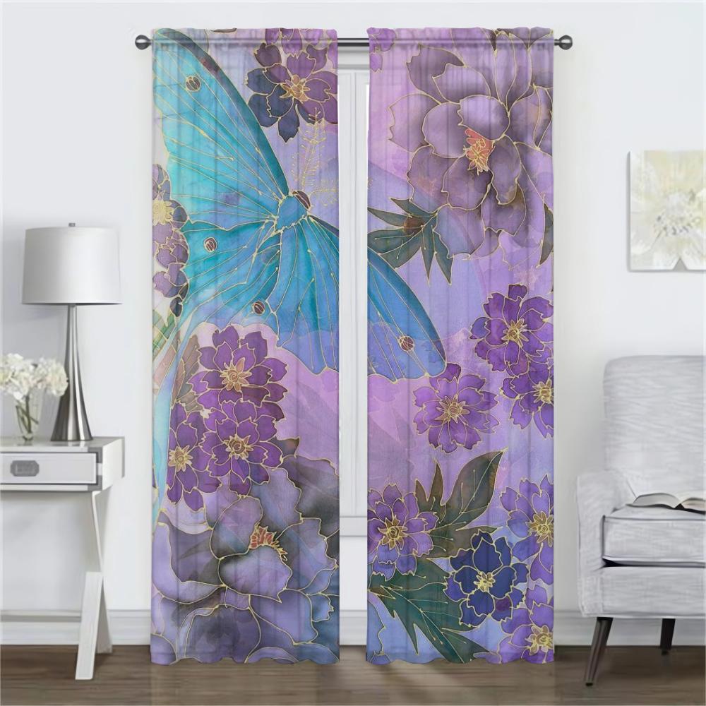 Flowers Home Interior Curtains 2 Pieces Curtains for Living Room Curtain Partition Shades Tulle for Bedroom Halloween Decoration