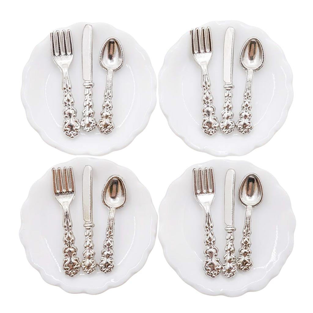 4Set Miniature Dollhouse Tableware Set for 1/12 Scale Dollhouse with Plates and Cutlery Set Dollhouse Decoration