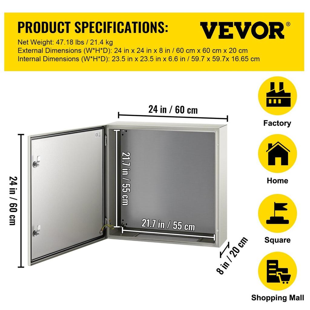 NEMA Steel Enclosure, 24 X 24 X 8'' NEMA 4X Steel Electrical Box, IP66 Waterproof & Dustproof, Outdoor/Indoor Electrical Junction Box, with Mounting