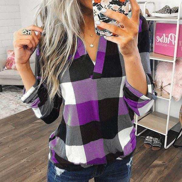 Womens Autumn Plaid Print T-shirt Crew Neck Zipper Rolling Long Sleeve Loose Blouse Tops S-5XL