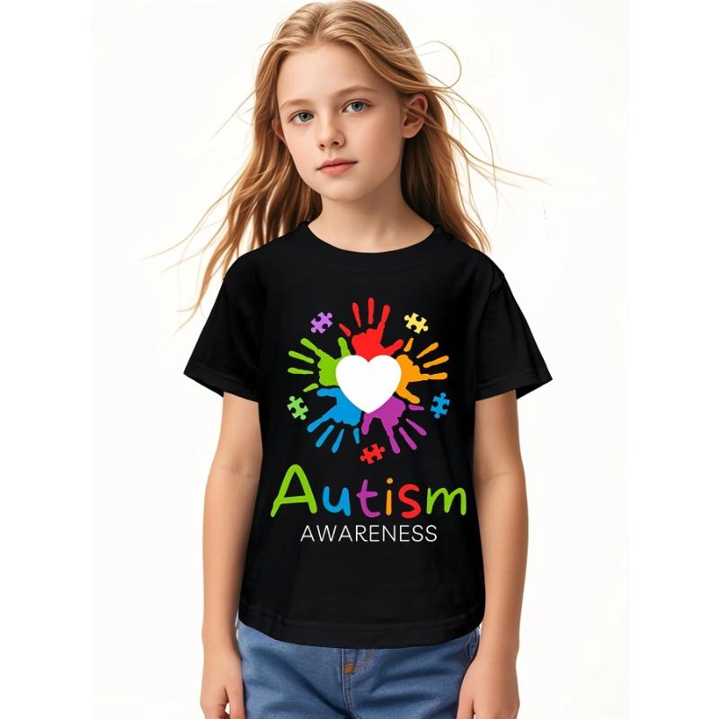European Size Childrens Autism Awareness T Shirt Suitable for Boys and Girls Puzzle Pieces and Rainbow Handprint Design Short Sleeved Casual Shirt