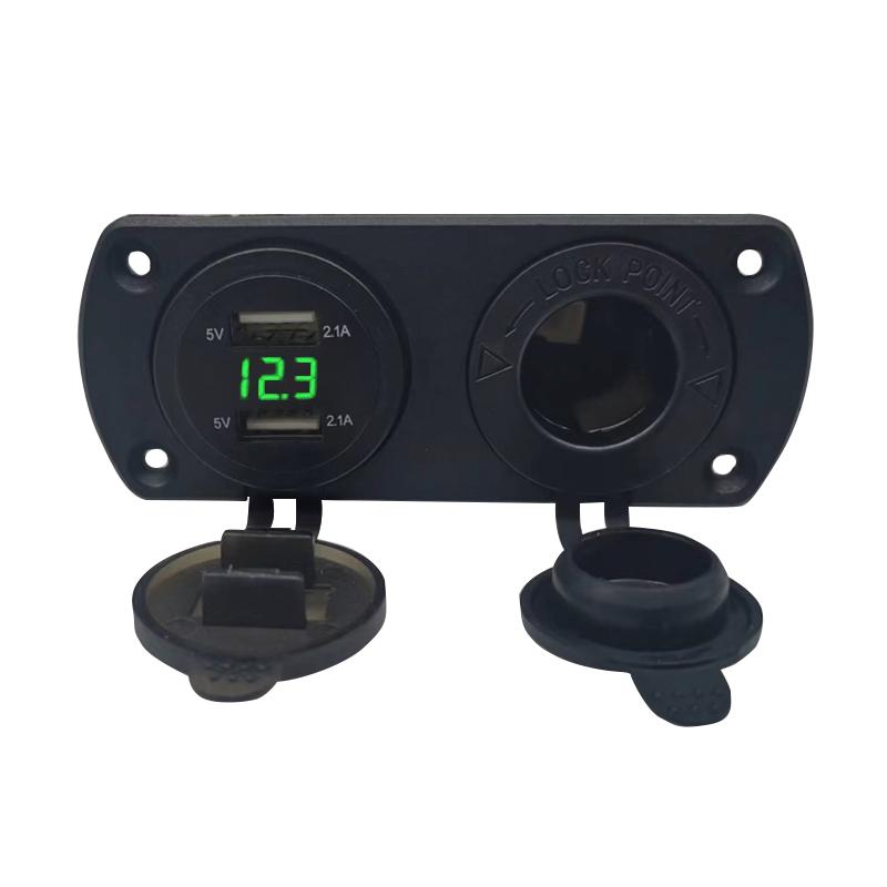 Two Hole Tent Base 4.2A Dual USB Voltmeter Charger 12V/24V Cigarette Lighter Power Socket for Car Motorcycle Boat Marine ATV RV