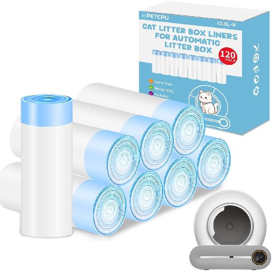 120 Count Cat Litter Box Liners for Self-Cleaning Cat Litter Box, Replacement Kitty Litter Liners, 8 Rolls Drawstring Waste Bags for Small Automatic