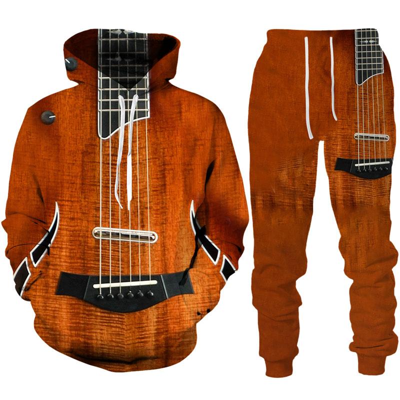 Morsom gitarkunst for menn 3D-trykk Hettegensere/bukser/dress Harajuku Vintage par treningsdresssett Personlighet Hip Hop Streetwear-klær