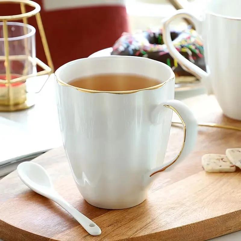 Pure White Brief Ceramic Mug, Bone China, Household Office Coffee Milk Cup with Gold Rim Mark, Drinkware Gift, Porcelain
