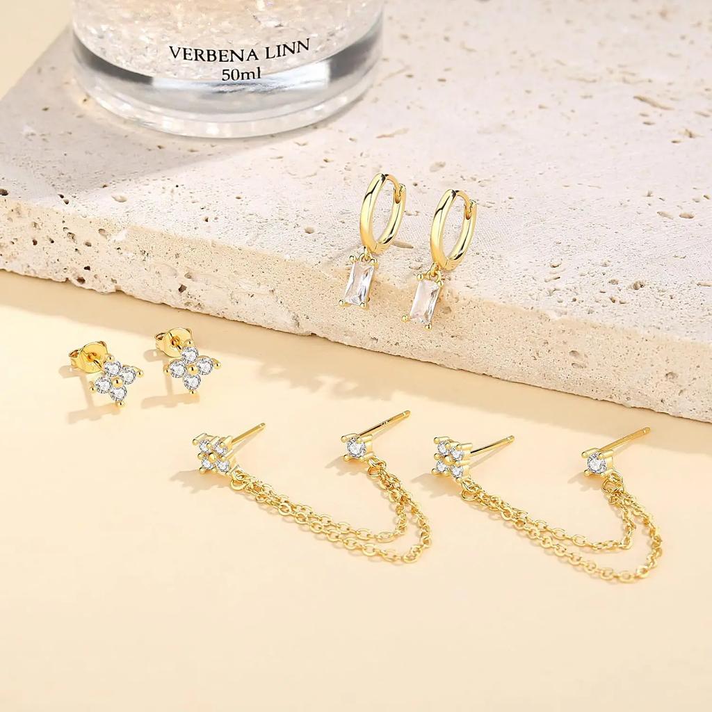 3pcs Set Charm Gold Color Stainless Steel Four-leaf Crystal Stud Earrings for Women Temperament Piercing Chain Jewelry Set Gift