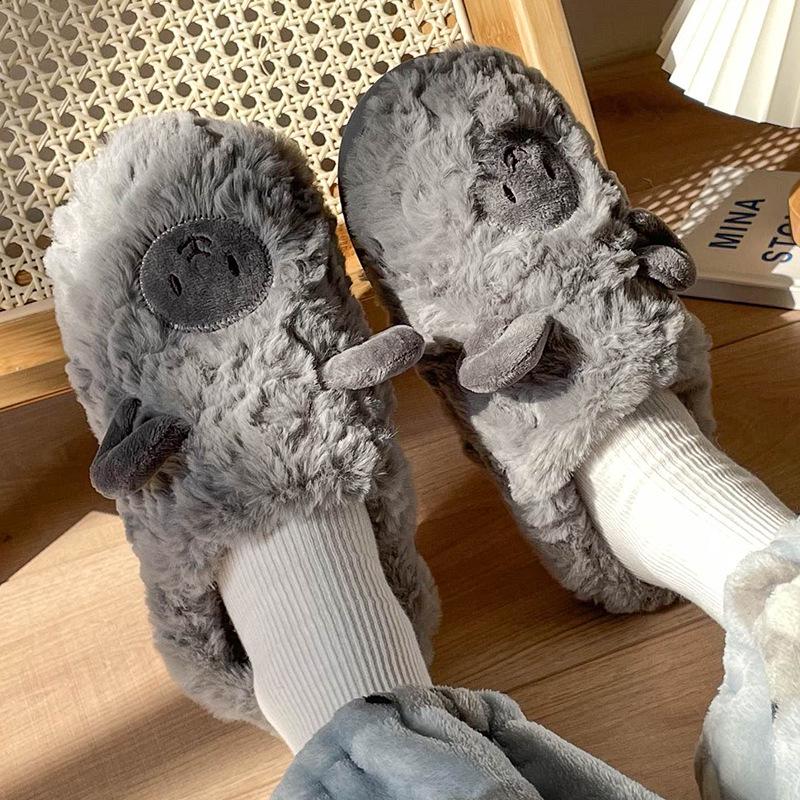 Plush Cartoon Lamb Heart Slippers for Couples - Cozy Indoor Winter Footwear for Women & Men