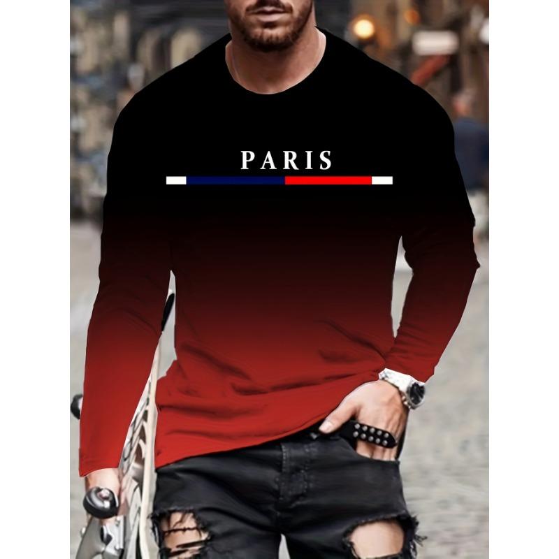 Gradient PARIS Men s Long Sleeve T-Shirt Casual Sport Round Neck Tops Fashionable Versatile Long Sleeve T-Shirt Cool Streetwear 5XL