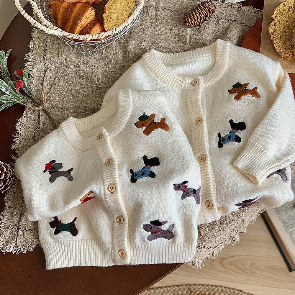 Koreanischer Cartoon-Hund Kaschmirpullover für Kinder - Rundhals-Strickware für Babys und Kinder - Entzückende Familien-Outfits