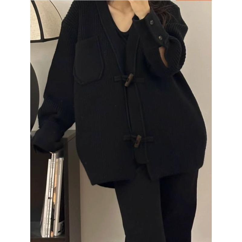 

Осень и зима новый большой размер свободный ленивый ветер роговая пуговица вязаный кардиган топ женская одежда свитер пальто толстый one size fits all чёрный