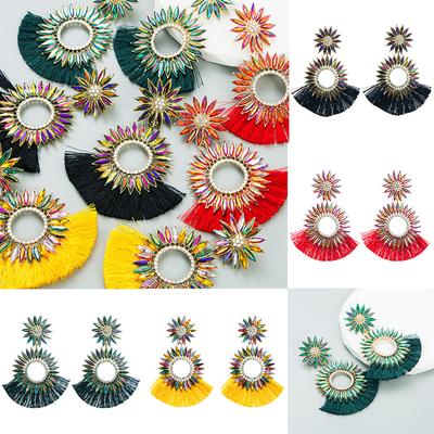 Bohemian Crystals Tassel Fashionable Exaggerated Earrings Round SUNFLOWER Colorful Style