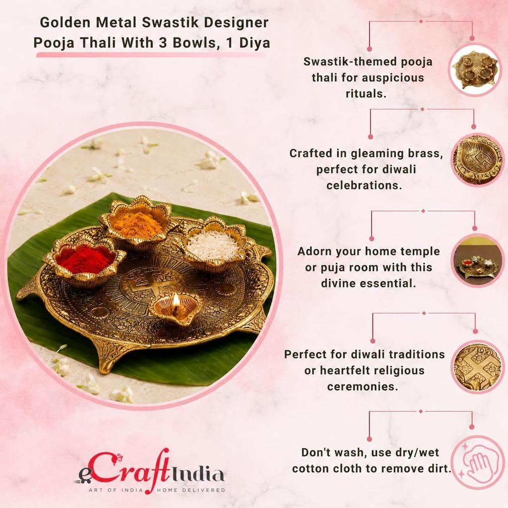 CraftIndia Golden Metal Swastik Designer Pooja Thali With 3 Bowls And 1 Diya