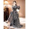 Mature Zebra Print Elegant Long Dress - Unique, Fashionable, Waist-Cinching