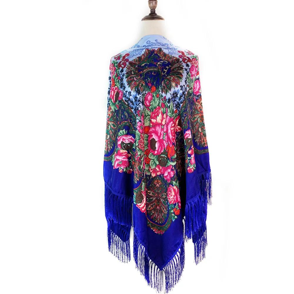 160*160cm Luxury Flower Print Russian Square Scarf Women Traditional Ukrainian Shawl Ethnic Fringed Bandana Babushka Head Wraps