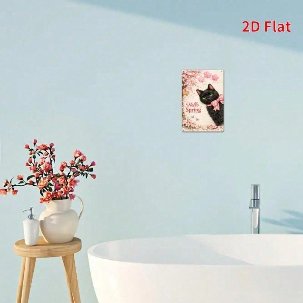 Vintage Spring Cherry Blossom Black Cat Metal Sign Waterproof Rust Resistant Wall Art Garden Decor