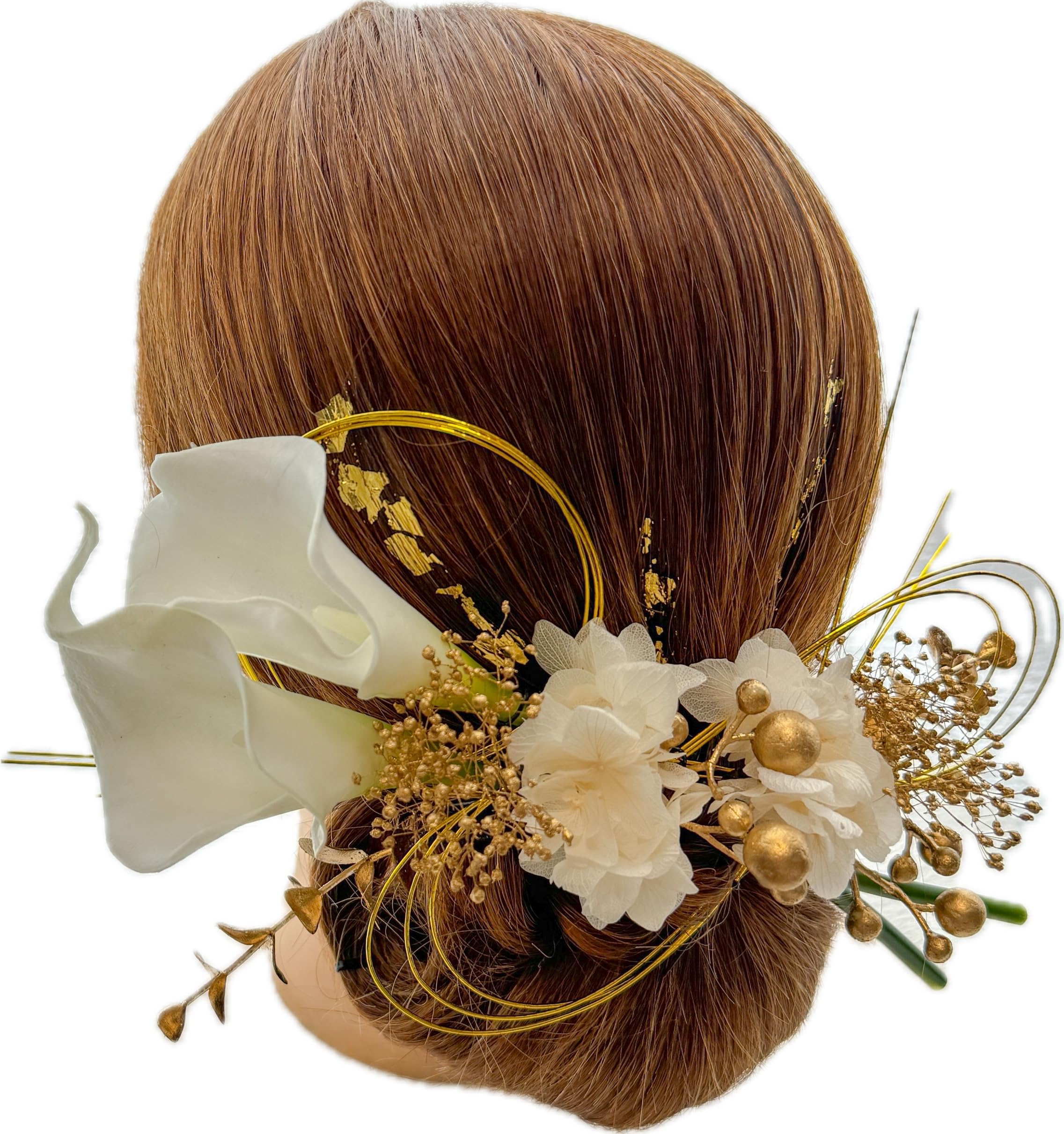 

White Calla Lily Hair Ornament with Dried Mizuhiki and Gold Perfect for and and Suitable for Furisode and Shiromuku Kimono Flowers, Leaf,