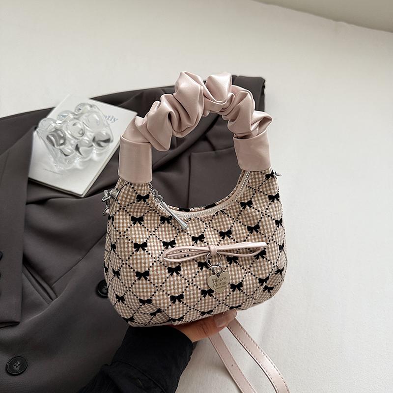 

Fashi Bow Pleated Handle Party Handbag Women Plaid Single Shoulder Crossbody Bags Korean Ladies PU Spliced Underarm Bag Mini(Max Length<20cm)