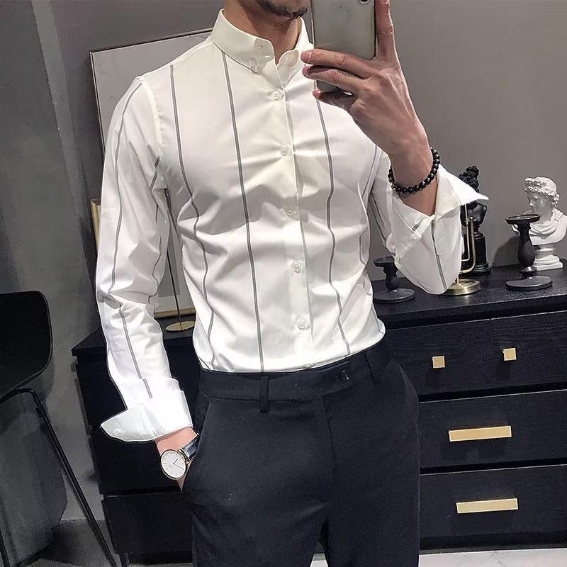 Men's Spring and Autumn Thin Section of Plus Size Anti Wrinkle Long Sleeved Striped Casual White Shirt Gentleman Business Long Sleeved