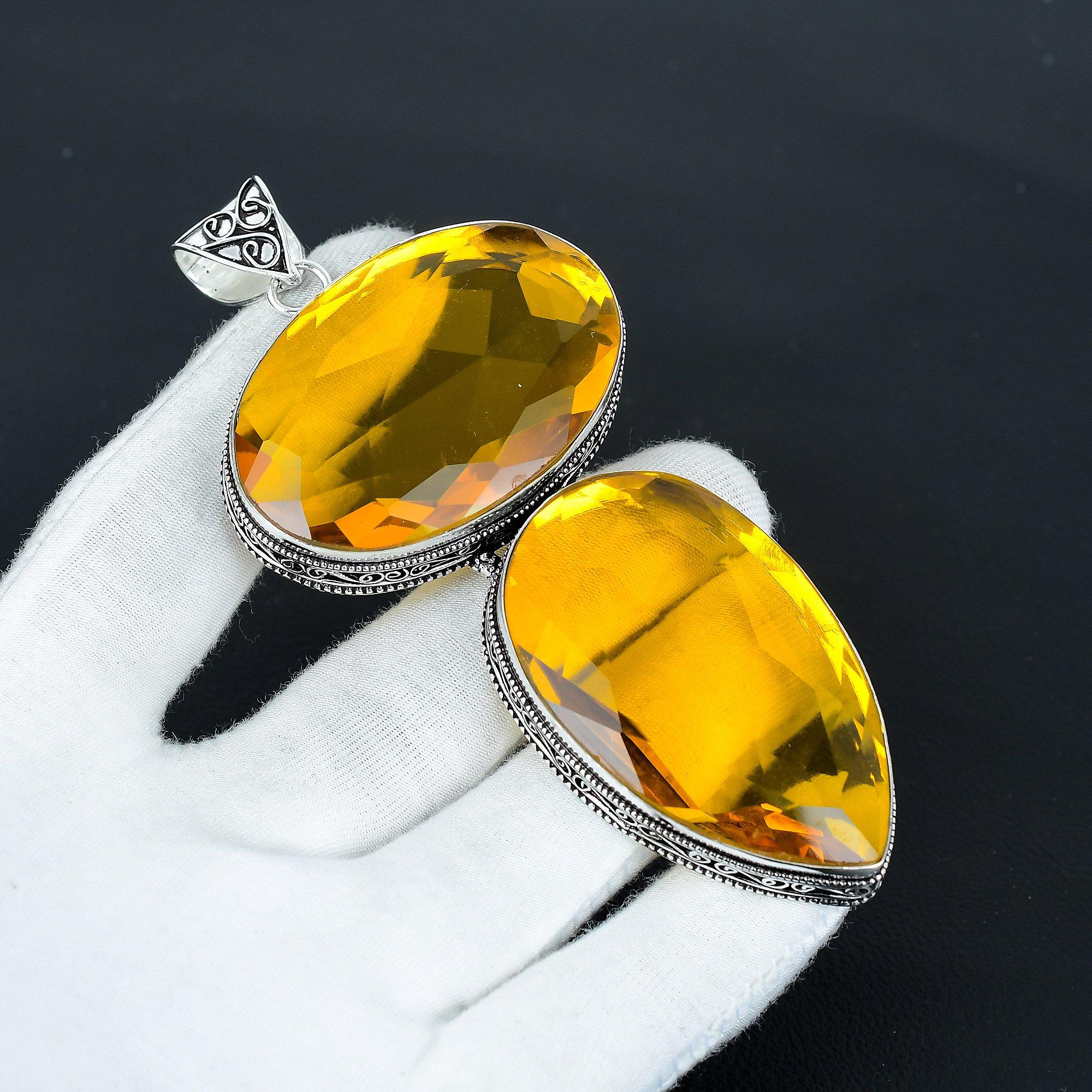 

Цитрин Огромный Размер Драгоценный Камень Ручной Работы 925 Стерлинговое Серебро Ювелирный Кулон, Кулон Большого Размера для Подарков, Кулон с Двойным Цитрином Подарок для Нее 2.54 жёлтый