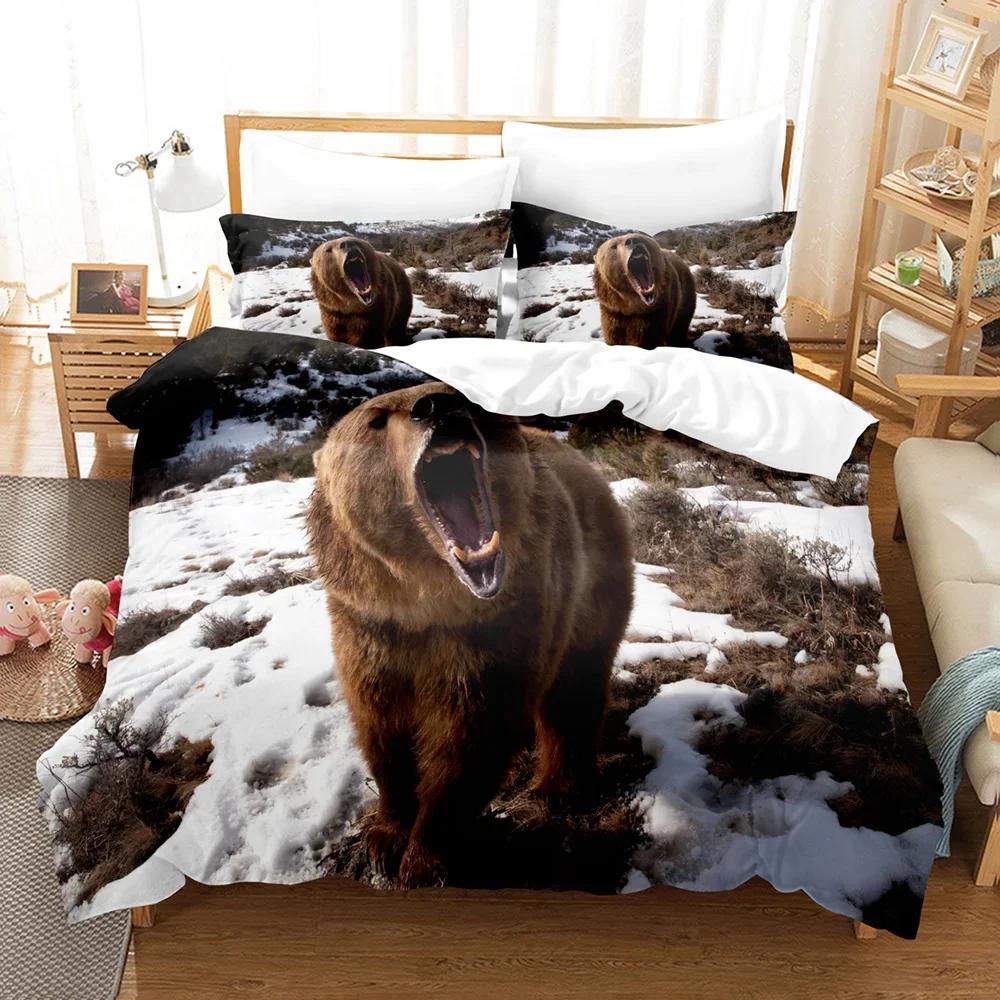 Print with Soft Fabric Duvetcover&2pcs Pilowcase Bear Bedrom Set Beding 2/3 Pcs Bed Cover Set Animal Series Double Bed Linens 10% Polyester