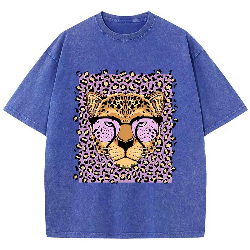 Vintage Womens Acid Wash T-Shirts Leopard Cartoons Printing
