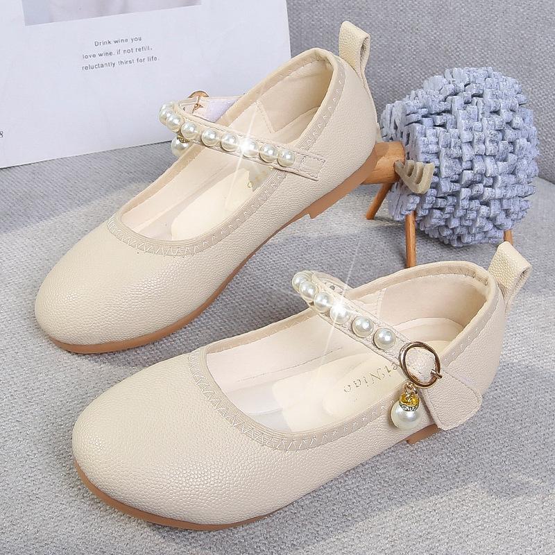 Children's Leather Shoes White Pearl Girls Low-heeled Princess Shoes Fashion Simple Catwalk Pearl Shoes