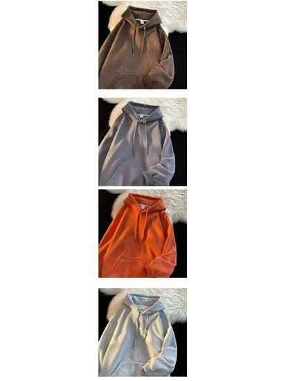 Men's Green Solid Color Hooded Fleece-Lined Sweatshirt, Oversized Casual Jacket for Autumn and Winter.